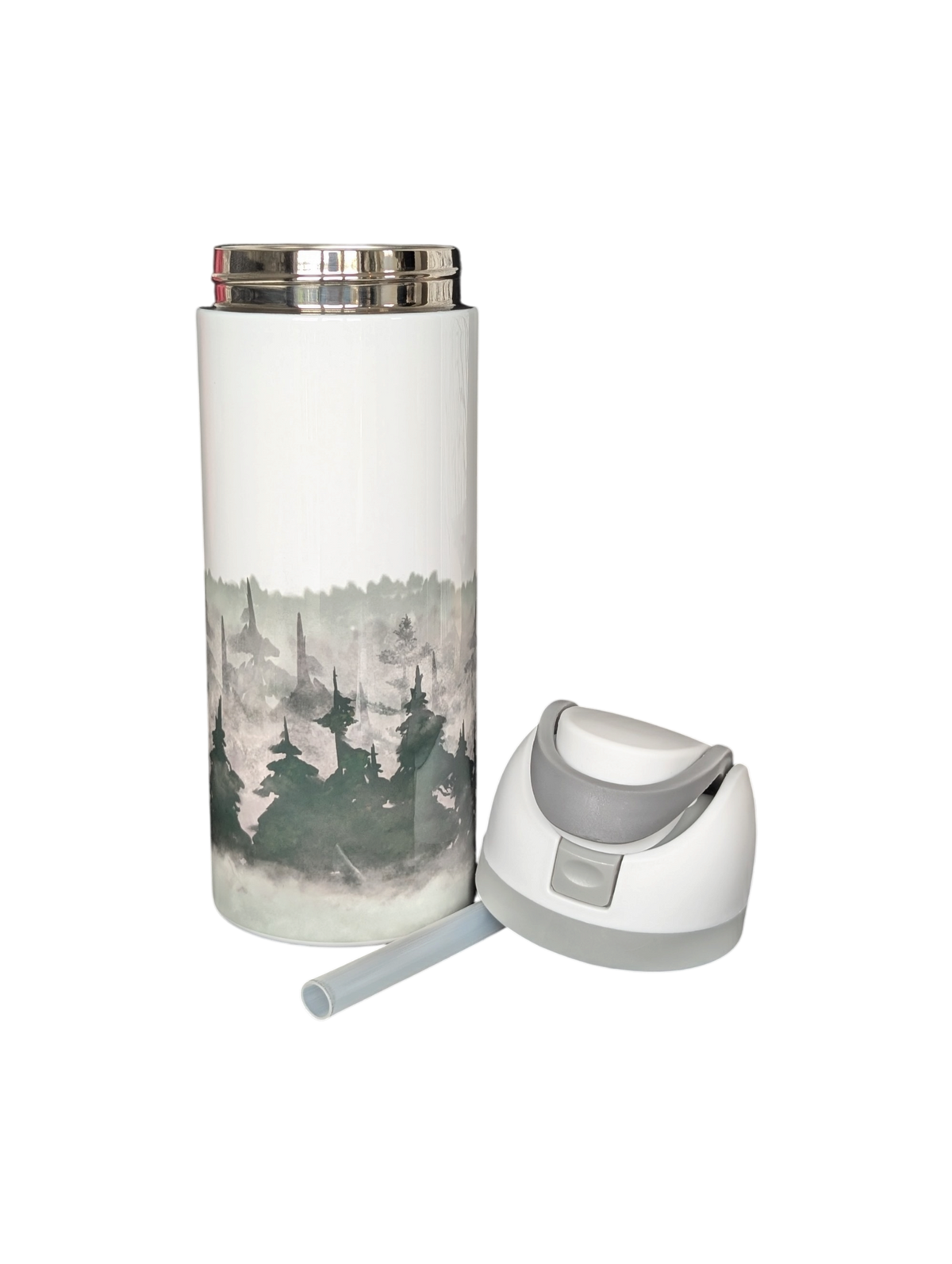 Vattenflaska i rostfritt stål med dubbla väggar, sugrör, uppfällbart klicklock och rörligt, integrerat handtag - Foggy Forest